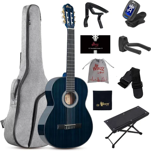 WINZZ Guitarra clásica 4/4, guitarra de cuerda de nailon de tamaño completo de 39 pulgadas para adultos principiantes, kit completo de guitarra
