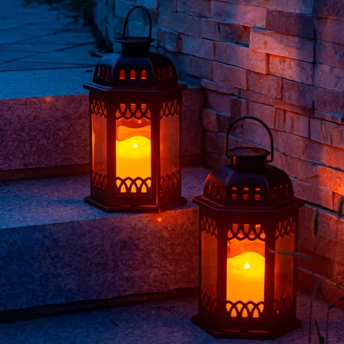 Miniatura 7 de Paquete de 2 faroles solares de bronce, faroles colgantes retro ornamentados con asa, linterna para exteriores con vela LED parpadeante, 6.60 x 6.60