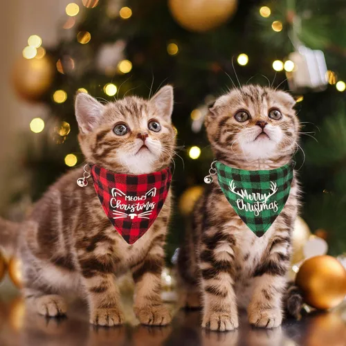 Miniatura 3 de ADOGGYGO - Collares de Navidad para gatos con campana, desmontables, paquete de 2, collares ajustables de Navidad a cuadros rojo y verde para gatos
