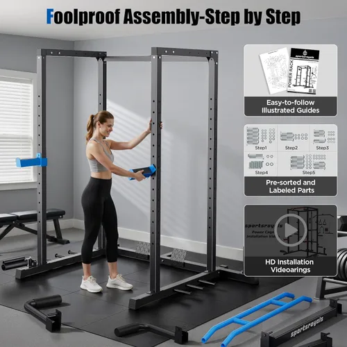 Miniatura 7 de Sportsroyals Jaula de Potencia, Rack de Potencia Multifuncional de 1600 libras con Sistema de Cruce de Cable Ajustable y Más Accesorios de Azul