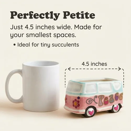 Miniatura 3 de The Bridge Collection Hippy Bus Maceta - Retro Peace Van Soporte de cerámica pintado a mano para suculentas y hierbas, mini maceta boho