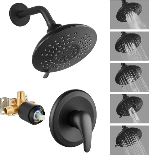 Miniatura 11 de Juego de grifo de ducha para bañera, montado en la pared, cabezal de ducha de lluvia de 5 pulverizaciones de 6 pulgadas con válvula áspera, control