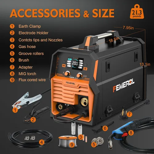 Miniatura 5 de FEMEROL Soldador MIG 200A, 4 en 1 Gas MIG/Núcleo de Flujo sin Gas/Electrodo/Elevación TIG Máquina de Soldadura Multiproceso Pantalla LED Grande