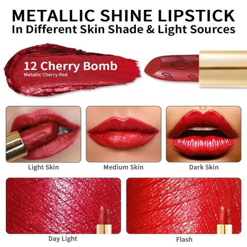 Miniatura 5 de Oulac Lápiz labial rojo, regalos de Navidad para mujeres, fórmula hidratante ligera con brillo 3D metálico, color de labios de alto impacto, Bomba