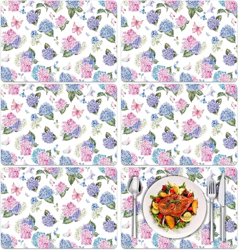 Tarklanda 6 manteles individuales florales de plástico, 11 x 15.7 pulgadas, manteles de vinilo lavables para primavera y verano con hortensias para
