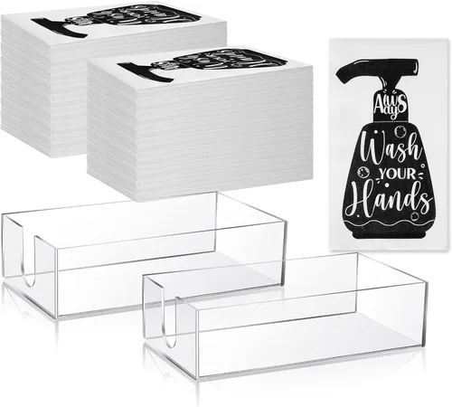Outus 101 toallas de mano desechables y servilletero acrílico, etiqueta de baño, servilletas de invitados, reglas de baño para baño, tocador,