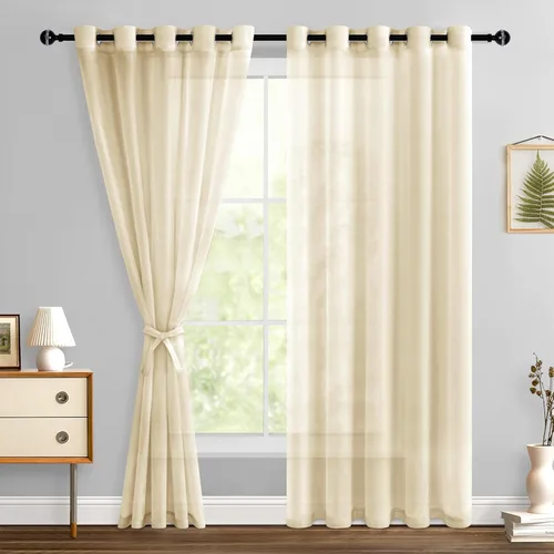 Miniatura 58 de Hiasan - Cortinas traslúcidas de gasa cortas semitransparentes con ojales y alzapaños filtrantes de luz para ventana, dormitorio, baño, 2 paneles