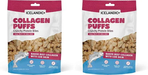 Icelandic+ Colágeno Puffs: Colágeno de carne horneada con piel de bacalao de 1.3 onzas – Golosinas para perros pequeños, bocadillos crujientes de
