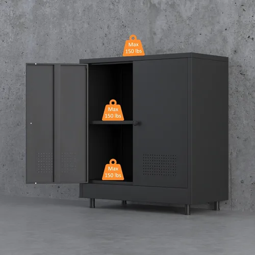 Miniatura 7 de Armario de almacenamiento de metal con 2 puertas y estante ajustable, aparador de acero para el hogar, oficina, garaje, entrada, sala de estar, Negro