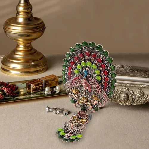 Miniatura 6 de Nerien Espejo de mano vintage, espejo de maquillaje de tocador, espejo de mano antiguo plegable de pavo real de viaje, espejo de mano portátil