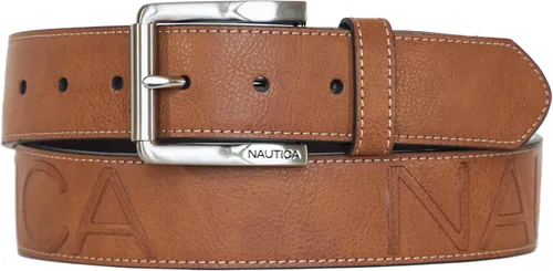 Nautica Men's Signature Leather and Canvas Belt Ribbon Detail Flag Design Classic Casual Metal Buckle