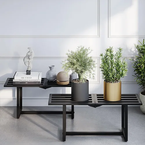 Soporte para plantas para interiores y exteriores, estante plegable de metal para múltiples macetas, banco de listones de mediados de siglo para