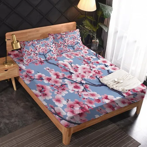 Miniatura 2 de Juego de sábanas de tamaño individual con estampado de flor de cerezo, sábanas japonesas de microfibra suave, bolsillo profundo, sábanas y fundas