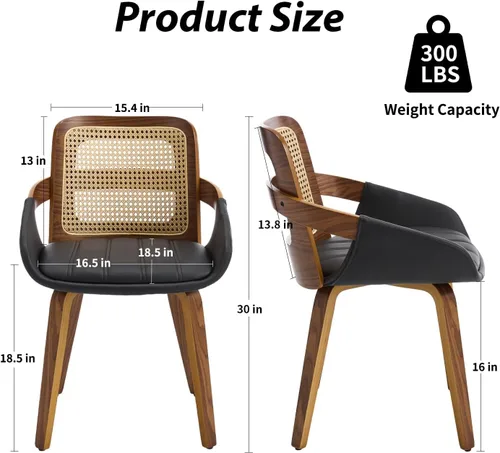 Miniatura 6 de VipDesk Juego de 2 sillas de comedor, sillas de comedor modernas de mediados de siglo con brazos y respaldo de ratán, sillas de cocina de madera