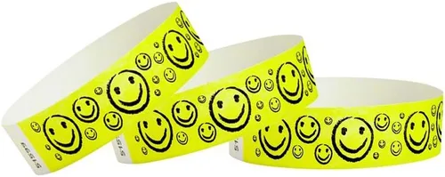 Miniatura 5 de 500 pulseras Tyvek de Wristco con cara sonriente verde neón para eventos, ¾ x 10 pulgadas, impermeables, reciclables, cómodas, resistentes a