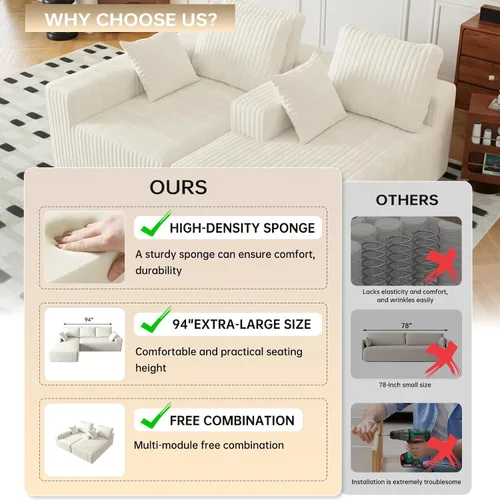 Miniatura 8 de Cloud - Sofá modular en forma de L con asiento profundo, de espuma viscoelástica comprimida de 3 plazas para sala de estar, sofá modular