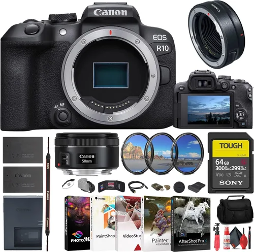 Canon Cámara sin espejo EOS R10 (5331C002) + lente Canon EF de 1.969 in (0570C002) + adaptador de montaje Canon + tarjeta SD resistente Sony de 64