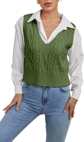 Miniatura 3 de Aoysky Suéter chaleco con cuello en V para mujer, sin mangas, suéter de punto trenzado, color sólido, sin mangas, ajuste holgado
