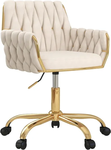 Miniatura 11 de Silla de terciopelo para oficina en casa, moderna silla de tocador de altura ajustable con base dorada y respaldo tejido a mano para dormitorio
