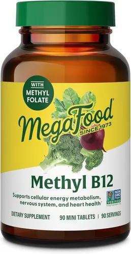 MegaFood Metil B12 - Vegano - Incluye metil folato, vitamina B12 y B6 - Apoya la producción de energía celular, la salud del sistema nervioso y la