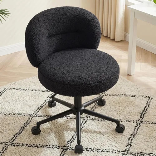 Homkdom Silla de escritorio redonda pequeña, silla de tocador sin brazos con ruedas, altura ajustable y giratoria de 360°, bonita silla de Negro