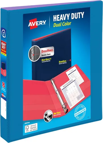 Avery Carpeta resistente de doble color con tapa transparente, Azul piscina/Lavanda, argollas inclinadas de 1 pulgada, capacidad para 250 hojas