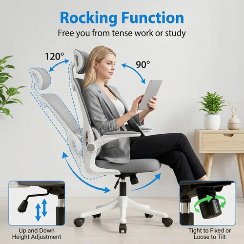 Miniatura 4 de Silla de oficina ergonómica, silla de escritorio de malla blanca y negra con soporte lumbar ajustable y reposacabezas, ruedas giratorias de 360°