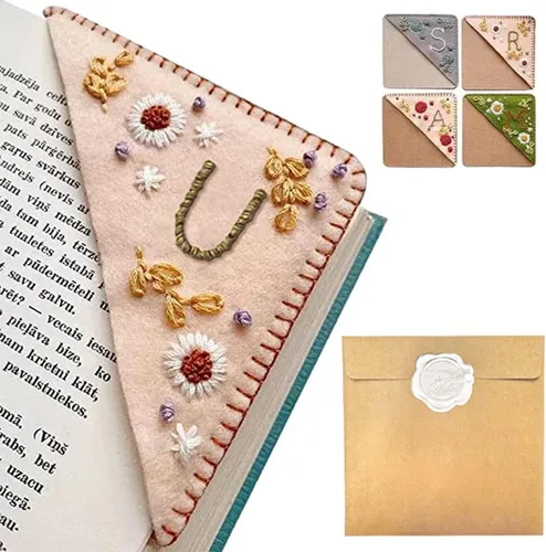 Miniatura 4 de Marcapáginas de esquina bordado a mano personalizado, 26 letras con costura a mano de fieltro, marcapáginas de esquina con bordado de flores lindo