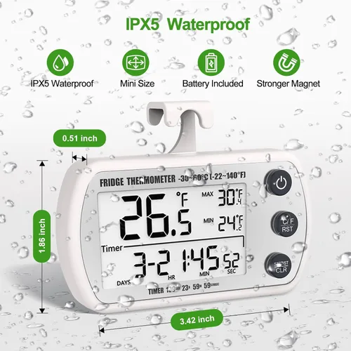 Miniatura 7 de Termómetro digital para refrigerador, paquete de 2, termómetro impermeable para refrigerador, termómetro congelador de pantalla grande de 2.25 Blanco