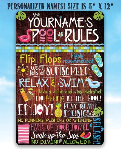 Miniatura 6 de Letreros personalizados de reglas de la piscina, letreros de metal para decoración de piscina exterior divertida - Arte de pared para decoración