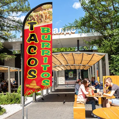 Miniatura 7 de Bandera de tacos y burritos, banderas de plumas de tacos de 11 pies para empresas, letrero de tacos con poste y punta de tierra para publicidad al