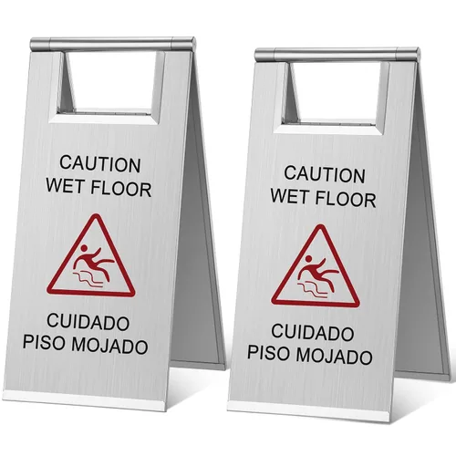 Miniatura 10 de Kigley 2 piezas señal de piso mojado, señal de precaución de piso mojado de acero inoxidable de 24 pulgadas, doble cara, portátil, plegable, señal