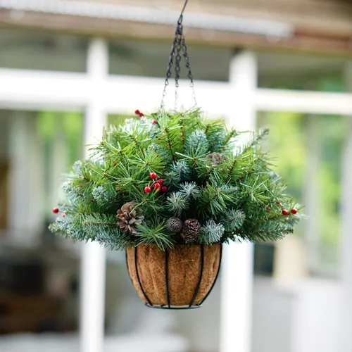 Miniatura 6 de ANOTHERME Canasta Colgante de Navidad Artificial Pre-Iluminada de 18 pulgadas, Pre-iluminada con 30 Luces LED Operadas por Batería, Decoración