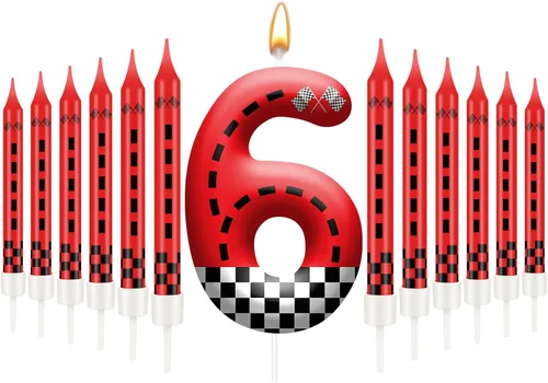 Miniatura 11 de 13 piezas de velas temáticas de coches de carreras para cumpleaños en negro y blanco con número de carrera 1 a cuadros, velas para tarta de coche