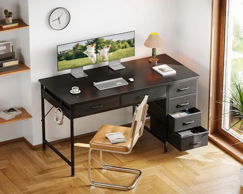 Miniatura 6 de ODK - Escritorio para computadora con 6 cajones, escritorio de oficina de 48 pulgadas con almacenamiento, escritorio reversible con gancho para Negro