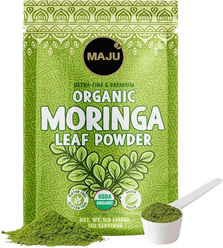 MAJU - Polvo de moringa orgánico (1 libra), hoja de oleífera, calidad extrafina, hojas de árbol de baquetas secas, para té, batidos, grado