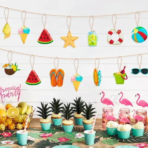 Miniatura 4 de Adornos colgantes de madera de verano, 37 decoraciones hawaianas de verano para puerta de árbol con cuerda, decoraciones de fiesta de vacaciones