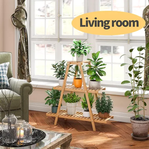 Miniatura 4 de Soporte de bambú para plantas interior/exterior, 3 niveles, negro, rectangular, 8 macetas para flores, estante para plantas