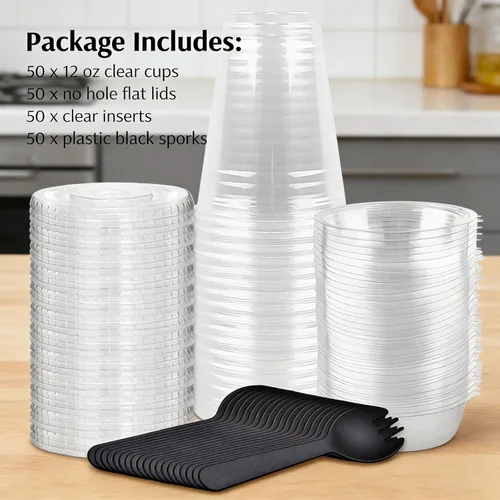 Miniatura 3 de Zezzxu Paquete de 50 tazas desechables de parfait de 12 onzas con tapas sin agujero, compartimento para coberturas y tenedor, yogur conatiner con 12