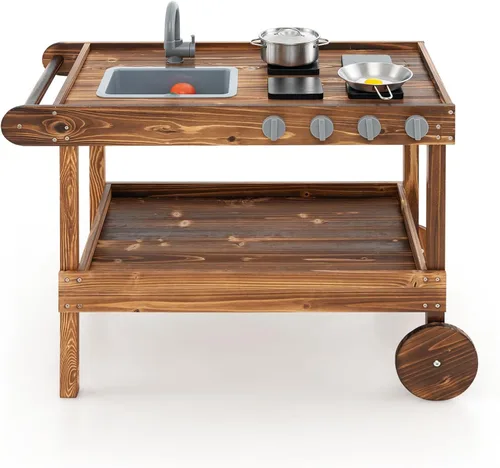 HOMGX Cocina de barro con ruedas, cocina de madera para jugar al aire libre con fregadero, grifo, espacio de almacenamiento, estufa, patio trasero,