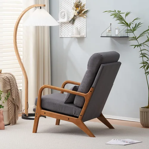 Miniatura 5 de SSLine Sillón tapizado moderno de tela de lino suave con almohada y marco de madera de roble, cómodo sofá individual con respaldo alto, silla