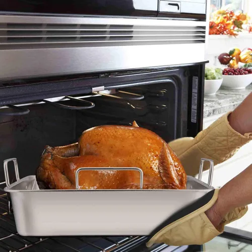 Miniatura 4 de TeamFar Sartén para asar de acero inoxidable, sartén grande para lasaña de pavo de 16 pulgadas con estante en V y estante de enfriamiento para asar