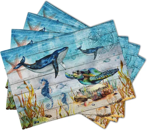 Miniatura 2 de Giwawa Sea Life - Juego de 4 manteles individuales - Tortuga marina, caballito de mar, ballena, animales del océano - Manteles individuales