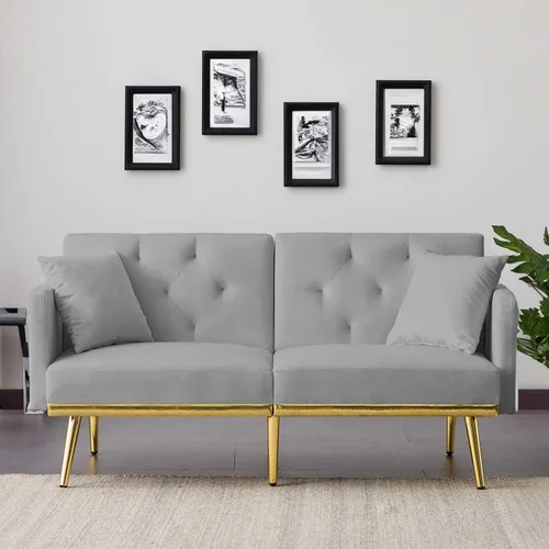 Miniatura 7 de Sofá cama futón convertible de 59 pulgadas, sofá decorativo, moderno sofá de tela de terciopelo con patas de metal y bolsillos de almacenamiento