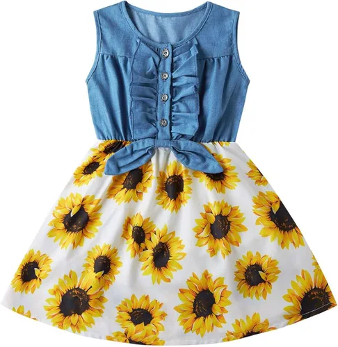 Enlifety - Vestidos de princesas para niñas pequeñas, sin mangas, blusa de mezclilla y faldas de tutú con estampado floral, vestido de verano de una