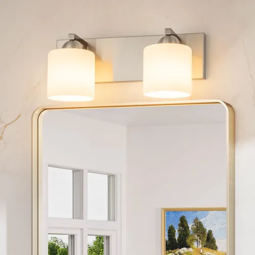 Miniatura 11 de mirrea Lámpara de tocador negra de 1 luz para espejo, aplique de pared de baño con pantallas de vidrio blanco esmerilado