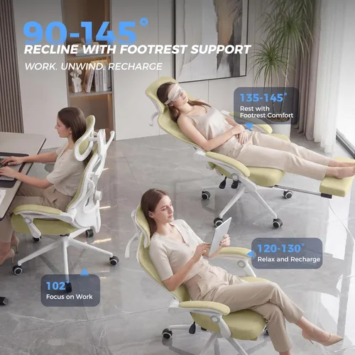 Miniatura 5 de Silla de oficina ergonómica con reposapiés, soporte lumbar ajustable y reposacabezas, silla de computadora reclinable de malla de 90-160°, oficina