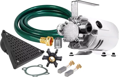 Red Lion RLMPFVK115 14942025 Bomba de transferencia multiusos no sumergible de 115 voltios 350 GPH con kit de accesorios, color blanco