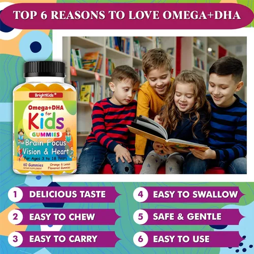 Miniatura 3 de BrightKids Gomitas Omega + DHA para niños y adolescentes, suplementos de concentración y atención para niños, gomitas de enfoque para niños, gomitas