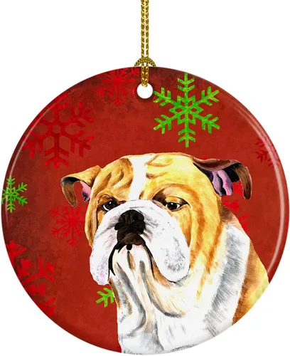 Miniatura 40 de Caroline's Treasures Bulldog English - Copos de nieve rojos y verdes, adorno de cerámica de Navidad, decoración colgante para el hogar, Navidad